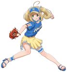  :q ahoge ball baseball baseball_cap baseball_mitt baseball_uniform blonde_hair blue_shirt choker collarbone dress_shirt floating_hair frilled_skirt frills full_body green_eyes hair_ornament hat highres hokkaido_nippon-ham_fighters holding holding_ball idolmaster idolmaster_cinderella_girls jewelry long_hair looking_to_the_side miniskirt nail_polish nigou nippon_professional_baseball pink_nails print_shirt ring satou_shin shirt short_sleeves simple_background skirt solo sportswear standing thigh_strap toenail_polish tongue tongue_out twintails white_background yellow_skirt 