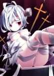  ahoge ass azur_lane bandages breasts commentary_request cross damao_(kiwa777) eyebrows_visible_through_hair frown halloween highres naked_bandage one_eye_covered red_eyes screw_in_head short_hair slit_pupils solo terror_(azur_lane) white_hair 