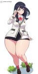  1girl black_hair blue_eyes breasts full_body huge_thighs legs long_hair long_sleeves looking_at_viewer medium_breasts pleated_skirt school_uniform senria shoes simple_background skirt socks solo ssss.gridman standing takarada_rikka thick_thighs thighs white_background 