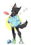  5_fingers anthro biped black_fur black_nose black_tail bottomless canine clothed clothing colored fanchumi fluffy footwear fur hand_in_pocket hoodie male mammal one_eye_closed pink_tongue shoes solo standing sweater tongue tongue_out wink 
