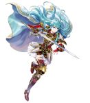 armor armored_boots bangs boots bracelet breastplate cape closed_mouth earrings eirika elbow_gloves elbow_pads fingerless_gloves fire_emblem fire_emblem:_seima_no_kouseki fire_emblem_heroes full_body gloves highres holding holding_sword holding_weapon jewelry legs_up long_hair looking_away mayachise official_art red_gloves shiny shiny_hair short_sleeves shoulder_armor shoulder_pads sidelocks skirt solo sword thighhighs transparent_background weapon white_skirt zettai_ryouiki 
