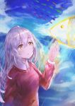  blue_sky brown_eyes cloud commentary_request day grey_hair hair_between_eyes heixie highres irozuku_sekai_no_ashita_kara long_hair looking_up magic outdoors sky solo standing tsukishiro_hitomi upper_body very_long_hair white_collar 