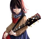  blue_skirt bow brown_hair brown_sweater crying crying_with_eyes_open guitar instrument looking_at_viewer medium_hair music naco_0000 original playing_instrument purple_eyes red_bow school_uniform serafuku skirt solo standing sweater tears white_background 