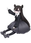  animal_ears black_footwear black_legwear black_shirt blue_eyes boots bow bowtie brown_hair bubble_skirt center_frills extra_ears eyebrows_visible_through_hair frilled_skirt frills full_body grey_skirt hair_between_eyes high-waist_skirt ise_(0425) kemono_friends long_hair long_sleeves mountain_tapir_(kemono_friends) multicolored_hair outstretched_arm pantyhose pointing puffy_sleeves shirt simple_background sitting skirt smile solo very_long_hair white_background white_hair white_neckwear 