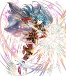  aqua_hair armor armored_boots bangs blue_eyes boots bracelet breastplate cape earrings eirika elbow_gloves elbow_pads fingerless_gloves fire_emblem fire_emblem:_seima_no_kouseki fire_emblem_heroes frills full_body gloves highres holding holding_sword holding_weapon jewelry leg_up long_hair looking_away mayachise official_art open_mouth petals red_gloves shiny shiny_hair short_sleeves shoulder_armor shoulder_pads sidelocks skirt solo sword thighhighs transparent_background weapon white_skirt zettai_ryouiki 