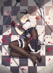  aliceblue back_bow bangs black_dress black_gloves blush bodystocking bow breasts checkered checkered_floor closed_mouth commentary_request cracked_floor day dress eyebrows_visible_through_hair eyes_visible_through_hair feet flower frilled_skirt frills full_body gloves grey_hair highres honkai_impact horns impossible_clothes leg_garter maid maid_headdress md5_mismatch medium_breasts no_shoes on_floor pantyhose petals pink_eyes puffy_short_sleeves puffy_sleeves red_flower red_rose rita_rossweisse rose rose_petals scythe short_hair short_sleeves side_cutout side_slit signature skirt smile solo sunlight victorian_maid white_bow 