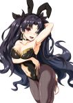  1girl ;d alternate_costume animal_ears arm arm_behind_head arm_up armpits bangs bare_arms black_choker black_hair black_leotard black_ribbon blush breast_hold breasts bunny_ears bunny_girl bunnysuit choker cleavage collarbone earrings eyebrows_visible_through_hair eyes_visible_through_hair fate/grand_order fate_(series) female fishnet_pantyhose fishnets floating_hair full_body grey_legwear hair_ribbon happy highres hoop_earrings ishtar_(fate/grand_order) jewelry large_breasts leotard long_hair looking_at_viewer navel navel_cutout neck necklace one_eye_closed open_mouth pantyhose parted_bangs red_eyes ribbon shiny shiny_hair simple_background smile solo strapless strapless_leotard toes tohsaka_rin two_side_up type-moon urayama_(backmountain) very_long_hair wavy_hair white_background wink 