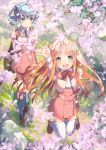  :d amiami_(company) amico arm_up bag bangs black_legwear blue_eyes blue_hair blurry blurry_foreground blush bow bowtie branch cherry_blossoms clenched_hand closed_mouth day depth_of_field drill_hair eyebrows_visible_through_hair flower from_above grass green_eyes hair_ornament high-waist_skirt highres juliet_sleeves kneehighs lilco loafers long_hair long_sleeves looking_at_viewer looking_away multiple_girls necktie official_art open_mouth orange_hair outdoors petals puffy_sleeves red_skirt school_uniform shoes skirt smile standing thighhighs twin_drills twintails two_side_up white_legwear yumekui 