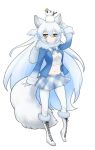  animal_ears arctic_wolf_(kemono_friends) blue_jacket boots bow bowtie cross-laced_footwear extra_ears frown full_body fur-trimmed_hat fur_collar hair_between_eyes hand_up ise_(0425) jacket kemono_friends knee_boots long_hair long_sleeves looking_at_viewer midriff navel pantyhose plaid plaid_neckwear plaid_skirt shirt simple_background skirt solo tail very_long_hair white_background white_hair white_legwear white_shirt wolf_ears wolf_tail yellow_eyes 