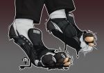  canine close-up clothed clothing foot_focus footwear hi_res legwear mammal mikalthefang pants pawpads paws shadow_wolf shoes simple_background socks solo standing torn_clothing transformation were werewolf 