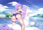  absurdres adapted_costume ass azur_lane bikini bikini_skirt breasts building commentary_request cosplay day from_behind hair_ornament hair_over_shoulder highres inflatable_toy long_hair looking_at_viewer looking_back outdoors purple_bikini purple_eyes purple_hair riding river sky small_breasts solo swimsuit thigh_strap thighs unicorn_(azur_lane) unmeinobasho vocaloid xingchen xingchen_(cosplay) 