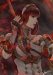  armor cape celica_(fire_emblem) dress earrings fingerless_gloves fire_emblem fire_emblem_echoes:_mou_hitori_no_eiyuuou fire_emblem_heroes gloves highres jewelry kaejunni long_hair red_eyes red_hair solo tiara 