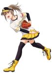  :d baseball_cap baseball_mitt baseball_uniform black_legwear black_sleeves brown_hair dress_shirt floating_hair frilled_skirt frills fukuoka_softbank_hawks full_body grey_shirt hair_between_eyes hair_ornament hair_scrunchie hat highres hori_yuuko idolmaster idolmaster_cinderella_girls leg_up long_hair long_sleeves miniskirt nigou nippon_professional_baseball open_mouth orange_scrunchie pleated_skirt ponytail red_eyes scrunchie shirt short_sleeves simple_background skirt smile solo sportswear standing standing_on_one_leg striped striped_shirt thighhighs vertical-striped_shirt vertical_stripes white_background yellow_footwear yellow_skirt zettai_ryouiki 