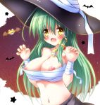  :d assisted_exposure bandaged_head bandages bare_shoulders bat blush breasts claw_pose collarbone commentary_request cursor eyebrows_visible_through_hair eyes_visible_through_hair fang green_hair hair_between_eyes hair_ornament hands_up hat kochiya_sanae large_breasts long_hair looking_at_viewer navel nipples open_mouth osashin_(osada) sarashi smile snake_hair_ornament solo touhou upper_body witch_hat yellow_eyes 