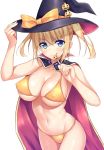  &gt;:) adjusting_clothes adjusting_hat aikawa_tatsuki bikini blonde_hair blue_eyes breasts cape cleavage collarbone covered_nipples cowboy_shot eyebrows_visible_through_hair halloween hat large_breasts long_hair looking_at_viewer navel original shiny shiny_skin simple_background skindentation solo stomach swimsuit thighs twintails underboob white_background witch_hat yellow_bikini 