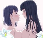  2girls bangs black_hair blunt_bangs blush breast_press breasts couple eye_contact eyebrows_visible_through_hair face-to-face female flower from_side gradient gradient_background grey_eyes half-closed_eyes highres kakitama large_breasts lips looking_at_another multiple_girls neck nude open_mouth original purple_eyes purple_hair upper_body white_flower yuri 