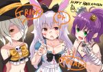  :d alice_(wonderland) alice_(wonderland)_(cosplay) alice_in_wonderland animal_ears apron ayanami_(azur_lane) azur_lane bandage_over_one_eye bangs bare_shoulders belt belt_buckle beltbra black_belt black_bow black_cat blood blood_on_face bloody_clothes blue_dress blush bolt bow breasts brown_eyes buckle bunny_ears cape cat claw_pose collarbone commentary_request cosplay dress eyebrows_visible_through_hair fingerless_gloves fingernails gloves green_nails hair_between_eyes hair_bow hairband halloween hands_up happy_halloween hat jack-o'-lantern javelin_(azur_lane) laffey_(azur_lane) long_hair looking_at_viewer mini_hat multicolored multicolored_cape multicolored_clothes multiple_girls nail_polish navel off_shoulder open_mouth ponytail puffy_short_sleeves puffy_sleeves purple_hair red_cape red_hairband red_nails short_sleeves silver_hair small_breasts smile strap_slip striped striped_gloves trick_or_treat tsukiman twintails very_long_hair white_apron white_gloves yellow_bow 