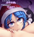  blue_eyes blue_hair close-up doremy_sweet english eyebrows_visible_through_hair eyes_visible_through_hair fingering hat hater_(hatater) highres looking_at_another multiple_girls pom_pom_(clothes) pussy pussy_juice smile spread_legs tail touhou usami_sumireko yuri 