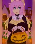  2018 animated anthro breasts cleavage clothed clothing equine fangs feathered_wings feathers female fluttershy_(mlp) friendship_is_magic hair halloween holding_object holidays long_hair looking_at_viewer mammal my_little_pony pegasus solo tolsticot wings 