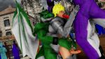  3d_(artwork) anal anal_penetration anthro armor balls being_watched blonde_hair blue_eyes blush bottomless clothed clothing crowd digital_media_(artwork) dragon erection fellatio group group_sex hair human humanoid_penis knight male male/male male_on_anthro malicekira mammal muscular muscular_male nude oral penetration penis sex slightly_chubby spitroast threesome 
