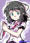  black_hair bow green_eyes hair_bow holding_necklace kohinata_miku lydian_academy_uniform mutsuki_riichi necktie school_uniform senki_zesshou_symphogear short_sleeves solo sparkle symphogear_pendant twitter_username 