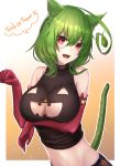  animal_ear_fluff animal_ears bangs bare_shoulders black_shirt blush breasts cat_ears cat_girl cat_tail cleavage cleavage_cutout commentary_request elbow_gloves eyebrows_visible_through_hair gloves gradient gradient_background green_hair hair_between_eyes halloween head_tilt jack-o'-lantern_cutout large_breasts long_hair looking_at_viewer midriff navel open_mouth orange_background original paw_pose red_eyes red_gloves sharp_teeth shirt sleeveless sleeveless_shirt solo stitches tail tail_raised teeth trick_or_treat upper_body white_background yukihama 