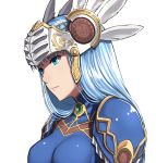 aqua_eyes armor bangs blue_hair breasts closed_mouth eyebrows_visible_through_hair feathers gem headpiece lenneth_valkyrie long_hair looking_away medium_breasts pauldrons sblack simple_background solo straight_hair upper_body valkyrie_profile white_background 