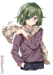  alternate_costume black_pants brown_scarf brown_sweater cowboy_shot ebifurya eyepatch green_eyes green_hair hand_in_pocket highres kantai_collection kiso_(kantai_collection) looking_at_viewer pants plaid plaid_scarf scarf short_hair simple_background solo sweater twitter_username white_background 