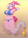  2018 anthro belly blue_eyes blush_sticker breasts clothing digital_media_(artwork) ear_piercing earth_pony equine eyelashes eyeshadow female friendship_is_magic genie hair hands_behind_head headband hi_res horse lamp looking_at_viewer makeup mammal my_little_pony omegaozone one_eye_closed piercing pink_hair pinkie_pie_(mlp) pony slightly_chubby smile smoke solo wink 