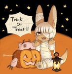  1girl 1other brown_eyes furry halloween kawasemi27 made_in_abyss mitty open_mouth pumpkin rabbit trick_or_treat white_hair 