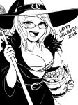  2018 :d belt breasts broom candy cleavage commentary english_commentary eyebrows_visible_through_hair food fur_collar glasses greyscale halloween_basket halloween_costume happy_halloween hat hat_belt high_contrast inktober large_breasts long_hair monochrome monorus open_mouth original robe simple_background smile solo witch_hat 