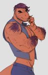  anthro biceps claws clothing dinosaur falcon_mccooper hair looking_at_viewer male muscular muscular_male nipples orange_skin pants pecs purple_hair rurik_(ginkgosan) shirt side_view smile solo standing toothpick 
