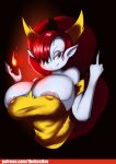  2018 areola big_breasts breasts clothed clothing demon digital_media_(artwork) female fire hair hair_over_eye hekapoo horn huge_breasts humanoid l-a-v_(artist) looking_at_viewer nipples pointy_ears smile solo star_vs._the_forces_of_evil wardrobe_malfunction 