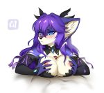  anthro blue_eyes blush breasts canine cum digital_media_(artwork) dragonfu female hair inner_ear_fluff mammal nipples penis purple_hair sex solo titfuck 