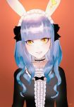  animal_ears bangs black_bow blue_hair blunt_bangs bow bunny_ears closed_mouth gothic_lolita heartless kingdom_hearts kingdom_hearts_iii lolita_fashion long_hair looking_at_viewer mizu_ramen mysterious_onyx solo upper_body yellow_eyes 