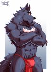  2018 abs anthro biceps black_nose bulge canine chest_tuft clothed clothing digital_media_(artwork) fur hittoga loincloth male mammal muscular muscular_male pecs solo topless tuft wolf 