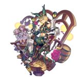  2girls animal_ears armor artist_request blonde_hair bunny_ears dragalia_lost flower full_body gradient_hair holding holding_flower leg_armor looking_at_viewer multicolored_hair multiple_girls non-web_source official_art orion_(dragalia_lost) petals rose short_hair sitting transparent_background 