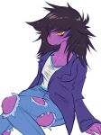  anthro big_breasts breasts brown_hair cleavage clothed clothing deltarune female hair hi_res jeans mammal napdust non-mammal_breasts pants reptile scalie solo susie_(deltarune) teeth torn_clothing torn_jeans torn_pants 
