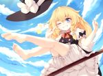  ;d bare_legs barefoot blonde_hair bloomers blue_eyes blush bow bowtie braid broom broom_riding cloud day feet finger_to_eye from_below grin hair_between_eyes hair_bow hat hat_bow hat_removed headwear_removed highres kirisame_arisa kirisame_marisa kneepits legs legs_up long_hair one_eye_closed open_mouth puffy_short_sleeves puffy_sleeves red_neckwear short_sleeves side_braid sitting skirt skirt_set sky smile soles solo star toes touhou underwear witch_hat 