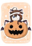  ahoge alternate_costume animal_ears bandage_over_one_eye bandages bangs bat_wings blue_eyes brown_hair cat_ears chibi commentary_request eyebrows_visible_through_hair fang fang_out gloves hair_between_eyes hair_flaps hair_ornament halloween highres jack-o'-lantern kantai_collection long_hair looking_at_viewer paw_gloves paws pink_background pumpkin remodel_(kantai_collection) shigure_(kantai_collection) smile solo tenshin_amaguri_(inobeeto) wings 