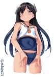  black_hair blush ebifurya headgear highres i-400_(kantai_collection) kantai_collection long_hair looking_at_viewer one-piece_swimsuit open_mouth orange_sailor_collar pulled_by_self purple_eyes sailor_collar sailor_shirt school_swimsuit school_swimsuit_flap shirt simple_background sleeveless sleeveless_shirt solo swimsuit white_background 