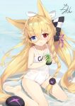  aliter animal_ears bangs bare_legs barefoot blonde_hair blue_eyes blush bow character_name checkered checkered_bow collarbone commentary covered_navel day eyebrows_visible_through_hair fox_ears g41_(girls_frontline) girls_frontline hair_between_eyes hair_bow hair_ribbon head_tilt heterochromia highres holding long_hair low-tied_long_hair name_tag ocean old_school_swimsuit one-piece_swimsuit outdoors parted_lips purple_ribbon red_eyes ribbon school_swimsuit see-through shallow_water signature sitting smile soles solo swimsuit very_long_hair wariza water wet wet_clothes wet_swimsuit white_bow white_swimsuit 