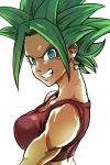  bare_shoulders blue_eyes breasts close-up dragon_ball dragon_ball_super earrings eyelashes green_earrings green_eyes grin jewelry kefla_(dragon_ball) potara_earrings shaded_face simple_background sleeveless smile solo sparkle spiked_hair st62svnexilf2p9 super_saiyan tank_top teeth upper_body white_background 