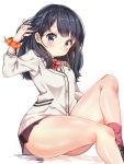  black_hair bow bowtie cardigan commentary_request eyebrows_visible_through_hair konsom legs long_hair long_sleeves looking_at_viewer pink_eyes red_neckwear simple_background sitting socks solo ssss.gridman takarada_rikka thighs white_background white_cardigan 