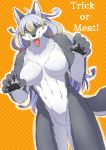  1girl blonde_hair breasts furry halloween long_hair multicolored_hair open_mouth solo tongue trick_or_treat white_hair wolf yamane512 