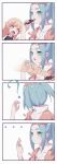  4koma aqua_hair blonde_hair blush_stickers comic commentary doughnut dress drooling eyebrows fang food food_theft fukurou_(hvgd5584) green_eyes hat long_hair monogatari_(series) multiple_girls ononoki_yotsugi open_mouth oshino_shinobu pointy_ears short_hair symbol_commentary thick_eyebrows twintails yellow_eyes 