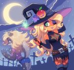  2018 5_fingers anthro armwear bandicoot belt black_nose blonde_hair boots breasts canine cleavage clothed clothing cloud coco_bandicoot crash_bandicoot_(series) crescent_moon cross denim_shorts dress duo elbow_gloves eyelashes eyeshadow female flower footwear fully_clothed gloves green_eyes hair halloween hand_behind_head hat holding_object holidays kempferzero lipstick long_hair looking_at_viewer magic_user magic_wand makeup mammal marsupial moon night one_eye_closed open_mouth open_smile outside plant shirt shorts sky smile star starry_sky tawna_bandicoot teeth tombstone transformation video_games were werewolf witch witch_hat 
