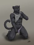  2018 abs anthro clothed clothing feline flaccid jaykat kneeling looking_at_viewer male mammal muscular panther partially_clothed pecs penis simple_background solo 