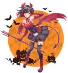  ;) bare_shoulders bat black_hair black_legwear breasts cleavage corset costume demon_costume demon_horns demon_tail demon_wings dress elbow_gloves gloves gradient_hair halloween hand_in_hair highres horns iesupa multicolored_hair one_eye_closed orange_background pitchfork plant polearm pumpkin red_footwear red_gloves red_hair ruby_rose rwby short_dress short_hair silver_eyes smile solo tail thighhighs two-tone_hair vines weapon white_background wings 