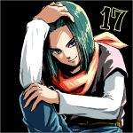  android_17 belt black_background black_hair black_shirt blue_eyes character_name denim dragon_ball dragon_ball_z hand_in_hair hand_on_own_knee head_tilt jeans light_smile long_sleeves looking_away lowres male_focus neckerchief number orange_neckwear pants shirt simple_background smile upper_body zill_(lisalisa1983) 
